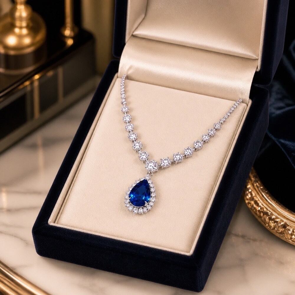 The Empress Sapphire-Blue Halo Teardrop Necklace